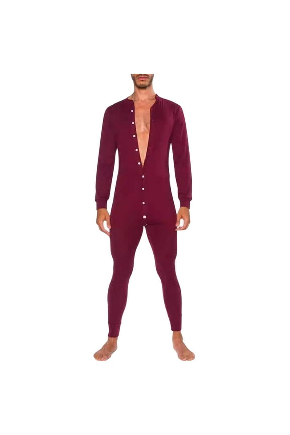 Mens Sexy Flap Butt Onesie One Piece Jumpsuit Pajamas V Neck Long Sleeve Henley Sleepshirt Rompers Novelty Pjs Formal Pants Fit Button Onesie Home Wear Jumpsuit Red XL