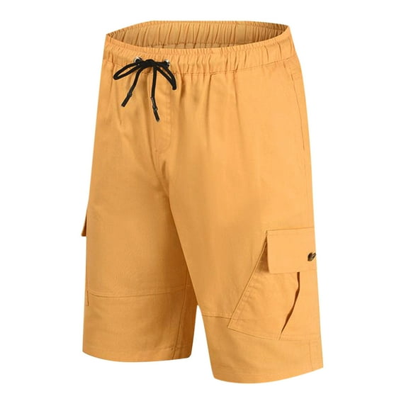 SOOMLON Mens Shorts Sports Breathable Men's Summer Pants Comfortable Loose Shorts Drawstring Summer Shorts Pocket Lace Up Elastic Waist Knee Length Cargo Shorts Yellow XL