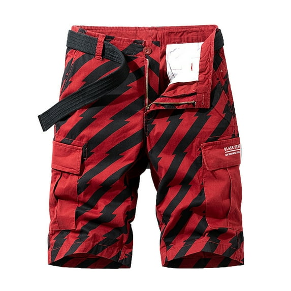 SOOMLON Mens Summer Cargo Shorts Loose Casual Shorts Pocket Beach Shorts Stripe Stripe Work Shorts Mid Waist Shorts Red L