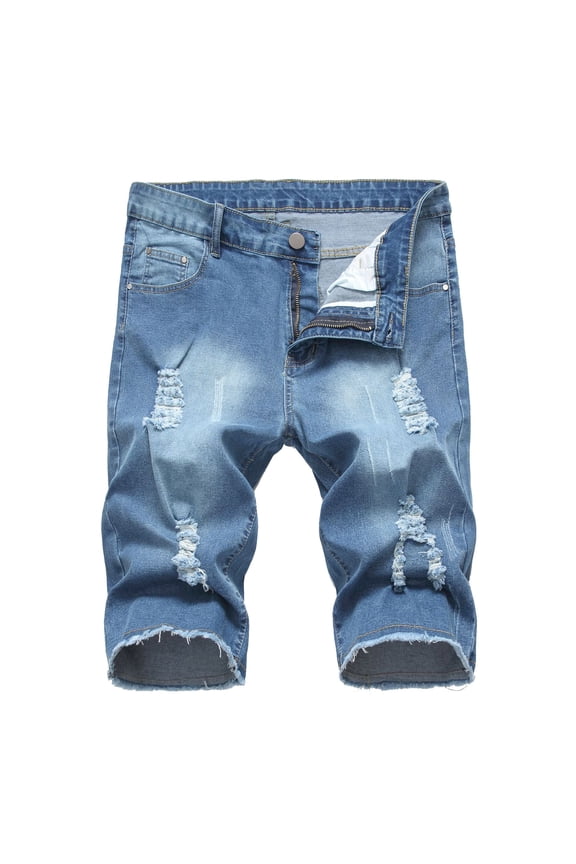 Mens Summer Fashion Casual Shorts Ripped Casual Shorts Zipper Elastic Slim Denim Shorts Wrap Ripped Mid Length Pants Blue L