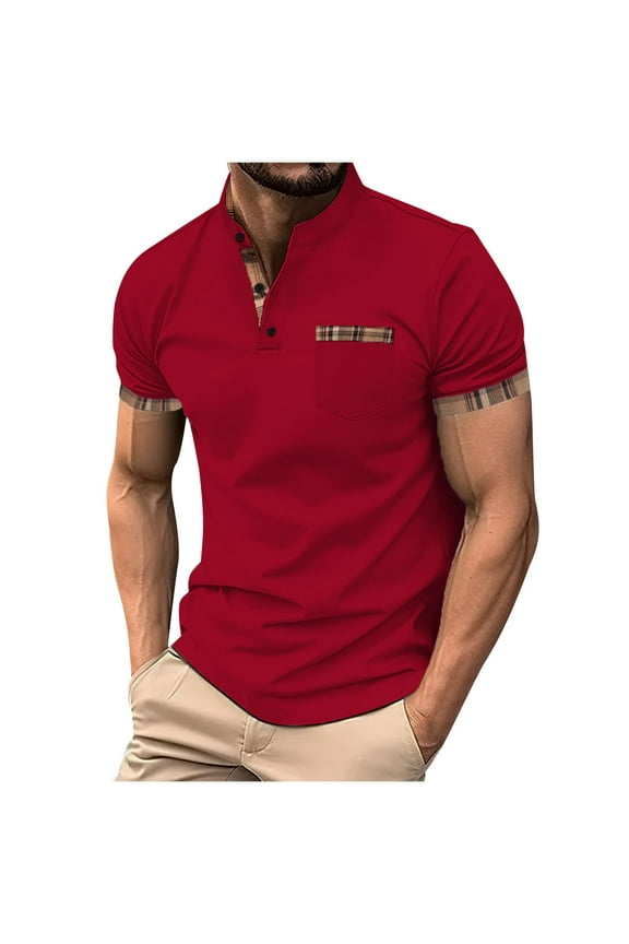 Mens Tops Athletic Casual Button Stand Collar Golf Shirts Summer Dress Short Sleeve Tops 2025 Fashion Red Tennis Tees With Pocket Color Block Basic Comfort Work Tops Blouses Value 2XL