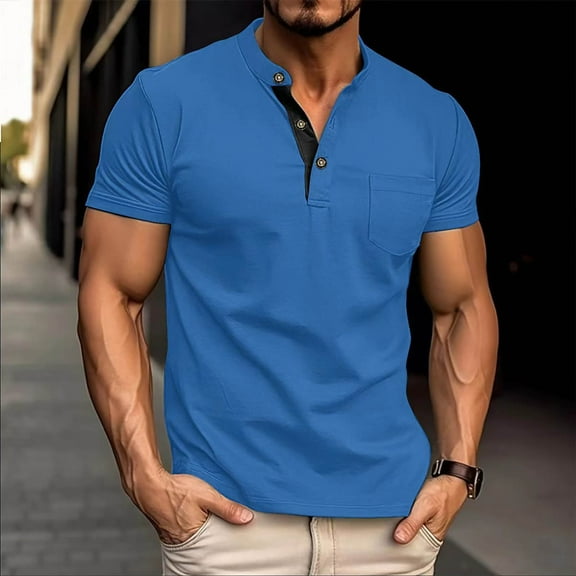 SOOMLON Mens Tops Casual Stylish Henley T Shirts Summer Dress Short Sleeve Shirts 2025 Fashion Blue Work Tees With Pocket Solid Basic Comfort Loose Tops Blouses Value XL