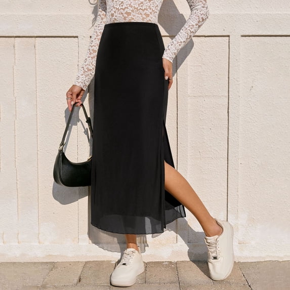 SOOMLON Mesh Skirts Women High Waist Elastic Waist Ankle Length Skirt Side Spilt Wrap Skirt Trendy Vacation Skirt