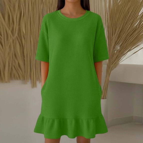 SOOMLON Mini Sundresses for Women Plus Size Short Sleeve Ruffle Mini Dress Tunic Waffle Sundress Fashion Tshirt Dress