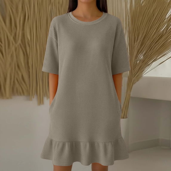 SOOMLON Mini Sundresses for Women Plus Size Short Sleeve Ruffle Mini Dress Tunic Waffle Sundress Fashion Tshirt Dress