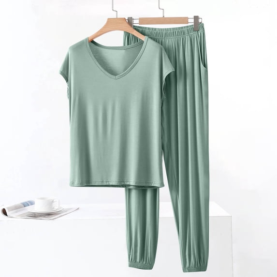 SOOMLON Modal Pajamas Women Plus Size Cap Sleeve Shirts Soft Jogger with Pocket Comfortable Two Piece Lounge Sets