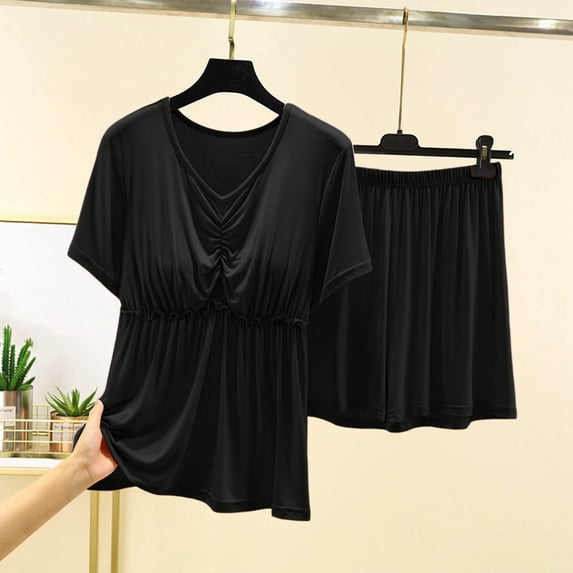 SOOMLON Modal Pajamas Women Plus Size Cooling Lounge Sets Short Sleeve Padded Shirts Solid Two Piece Loungewear