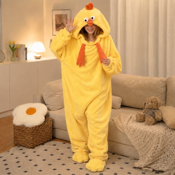SOOMLON Onesies for Women with Feet Lovely Chick Pajama Robe Flannel Hooded Jumpsuits Winter Comfy Sleepwear Yellow