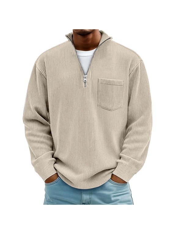Oversized Sweatshirt Men Big and Tall Mock Neck Zip Pullover Corduroy Long Sleeve Shirts Fall Winter Clothes