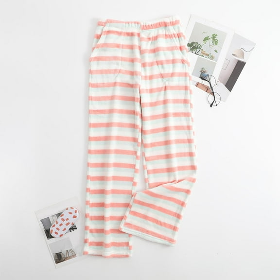 SOOMLON Pajama Pants Women Cozy Flannel Striped Pajama Bottoms Adult Tall Warm Winter Plush Lounge Sleepwear Pjs Pants Stretchy Cozy Straight Leg Pants Nightwear with Pockets Orange 2XL