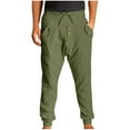 thumbnail image 1 of SOOMLON Pants for Men Pocket Beach Pants Cotton Linen Double Button Elastic Waist High Waist Overalls Leggings Army Green M, 1 of 6
