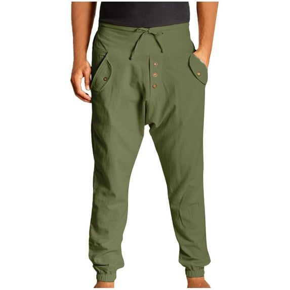 SOOMLON Pants for Men Pocket Beach Pants Cotton Linen Double Button Elastic Waist High Waist Overalls Leggings Army Green M