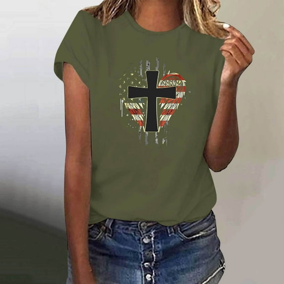 SOOMLON Patriotic Womens Tshirts Cross Print American Flag Shirts Crew Neck Independence Day Tops Short Sleeve Formal T-Shirt Formal Tee Blouse Clothes