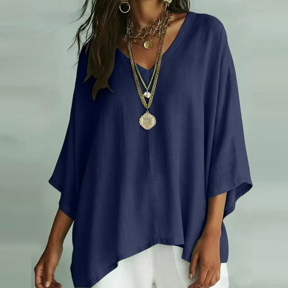 SOOMLON Peplum Blouses for Women Plus Size V Neck Dolman 3/4 Sleeve Shirts Loose Solid Ruched Tops Comfy Casual Clothes