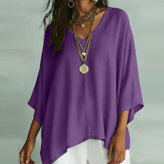 SOOMLON Peplum Blouses for Women Plus Size V Neck Dolman 3/4 Sleeve Shirts Loose Solid Ruched Tops Comfy Casual Clothes