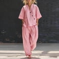thumbnail image 1 of SOOMLON Pink Outfits for Women 2 Piece Sets Plus Size V Neck Button Tee Wide Leg Pants with Pockets Linen Vacation Sets, 1 of 8
