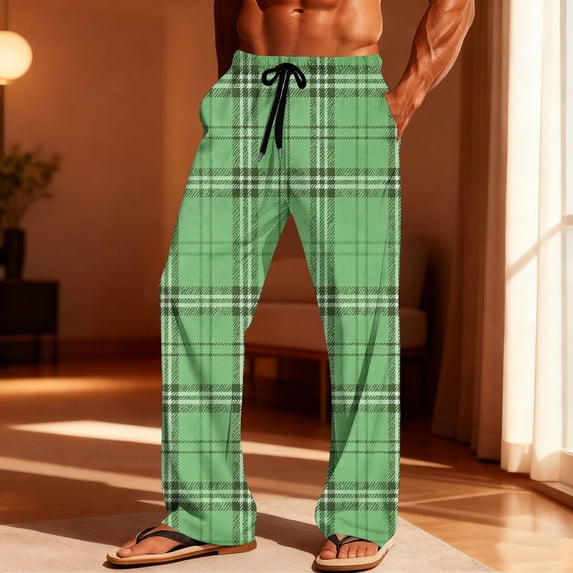 SOOMLON Plaid Pants for Men Big and Tall Drawstring Straight Leg Long Pants Green Sleepwear Resort Bottoms with Pockets