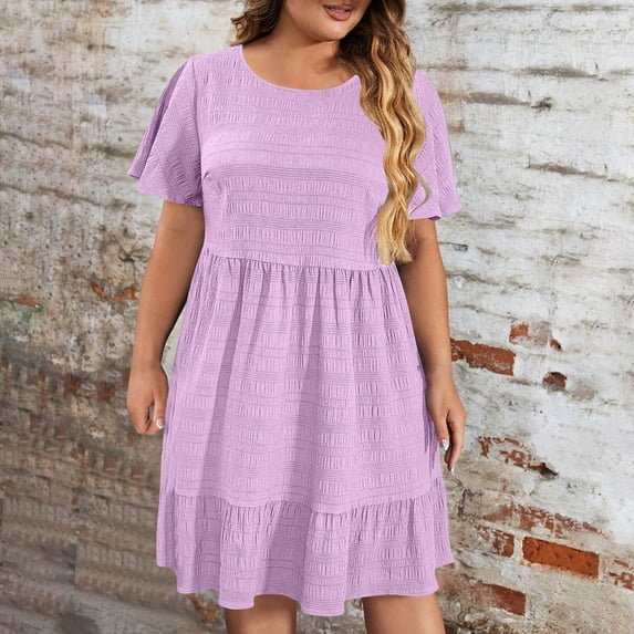 SOOMLON Pleated Dress for Women Plus Size Crew Neck Short Sleeve Mini Dress Sack Short Dress Flowy Summer Sundress