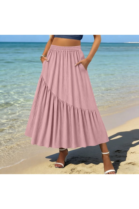 Pleated Skirts for Women Plus Size Elastic Waist Maxi Skirt Patchwork Ruffle Skirt Versatile Summer Skirt