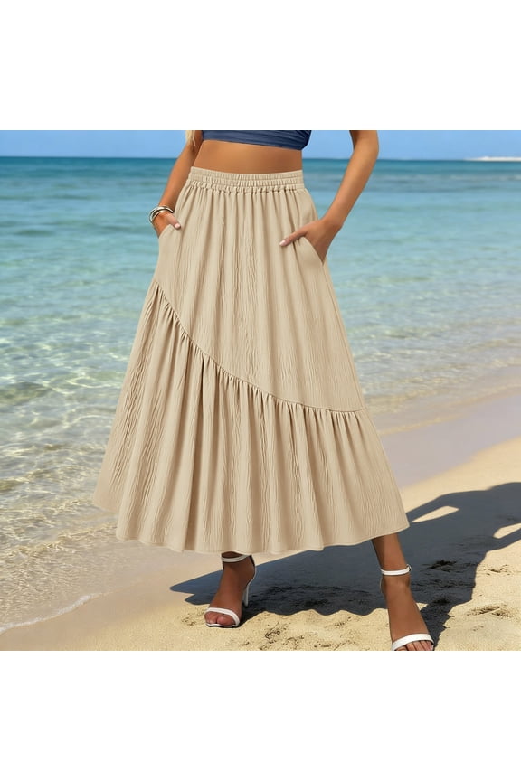 Pleated Skirts for Women Plus Size Elastic Waist Maxi Skirt Patchwork Ruffle Skirt Versatile Summer Skirt