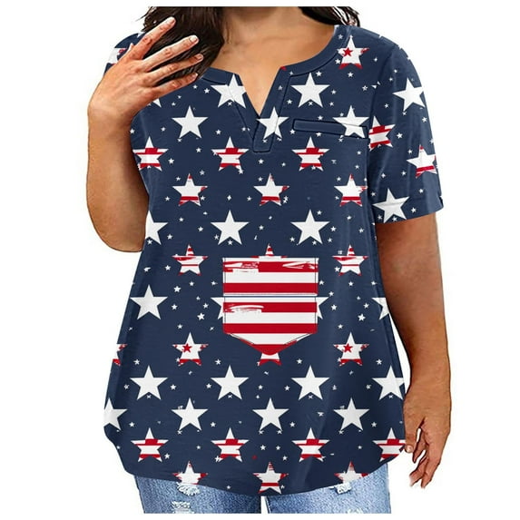 SOOMLON Plus Size 4th of July Summer Blouses for Women 2024 Tunics Independence Day Shirts V Neck American Flag Tops Short Sleeve Flattering T-Shirt Trendy Tee Blouse Apparel