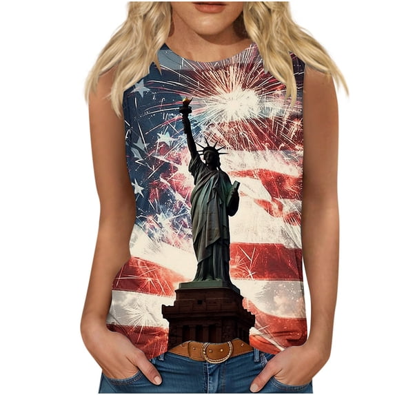 SOOMLON Plus Size 4th of July Womens Graphic T Shirts Tank Tops Statue of Liberty Distressed Independence Day Shirts Crew Neck American Flag Tops Sleeveless T-Shirt Lightweight Tee Blouse Outfits