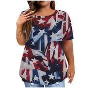 SOOMLON Plus Size American Flag Shirt Women 4th of July Tee Shirt USA Stars Stripes T-Shirt Patriotic Summer Tunic Tops Independence Day Floral Print Tops Crew Neck Short Sleeve Blue L