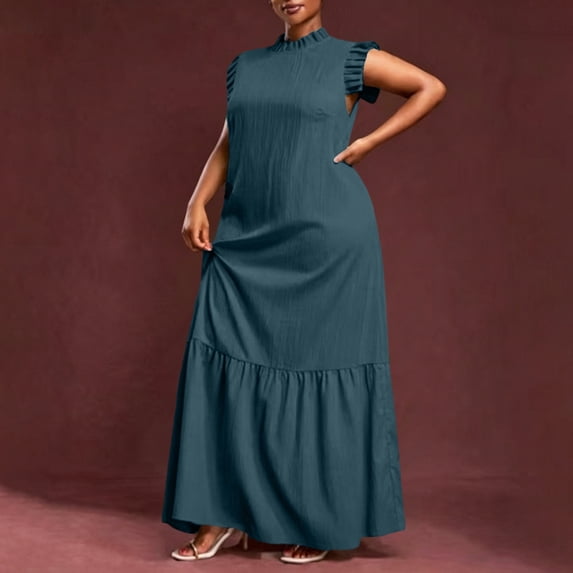 SOOMLON Plus Size Dresses for Curvy Women Ruffle Cap Sleeve Long Dress Fancy Patchwork Dress Casual Vacation Wear