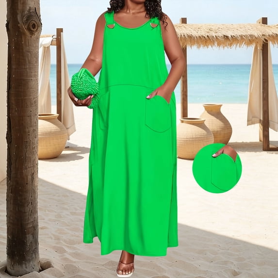 SOOMLON Plus Size Dresses for Curvy Women Sleeveless Kaftan Dress Ruched Ankle Length Dress Vacation Wear with Pockets