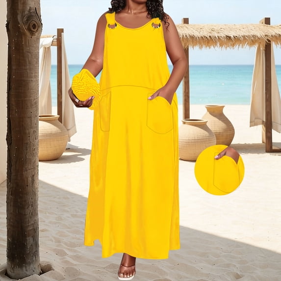 SOOMLON Plus Size Dresses for Curvy Women Sleeveless Kaftan Dress Ruched Ankle Length Dress Vacation Wear with Pockets