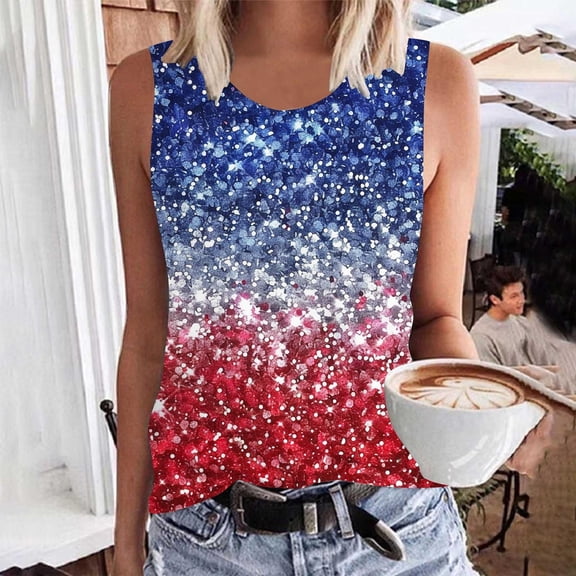 SOOMLON Plus Size Fourth of July Gym Tops for Women Tank Tops Distressed Usa Flag Shirts Crew Neck 4th of July Tops Sleeveless Formal T-Shirt Flowy Tee Blouse Resort Wear