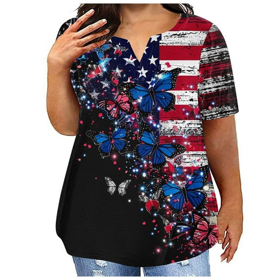 SOOMLON Plus Size Independence Day Graphic Tee for Women Tunics Distressed Fourth of July Shirts V Neck Red White and Blue Tops Short Sleeve Cute T-Shirt Striped Stars Tee Blouse Clothes