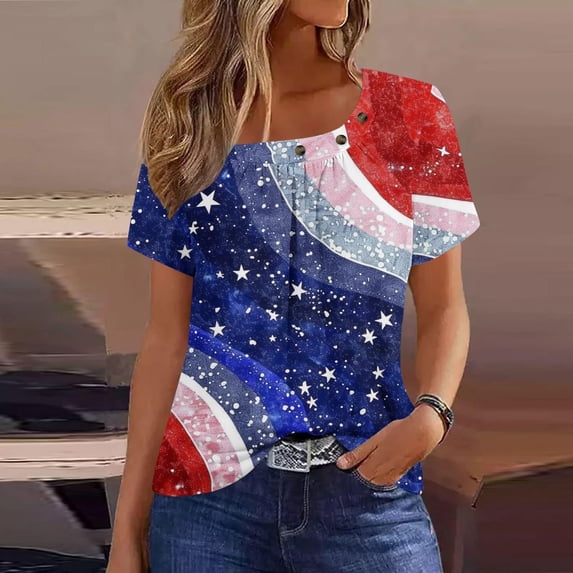 SOOMLON Plus Size Red White and Blue Womens Workout Tops Distressed Patriotic Shirts Crew Neck Usa Flag Tops Short Sleeve Business T-Shirt Y2k Tee Blouse Clothes