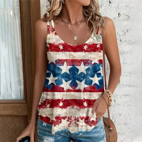 SOOMLON Plus Size Usa Flag Summer Tops for Women 2024 Trendy Tank Tops Eyelet Spaghetti Strap Distressed Red White and Blue Shirts Crew Neck Fourth of July Tops Sleeveless T-Shirt Baggy Tee Blouse