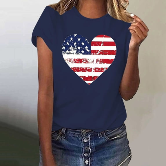 SOOMLON Plus Size Usa Flag Womens Graphic T Shirts Heart Red White and Blue Shirts Crew Neck Fourth of July Tops Short Sleeve Sexy T-Shirt Bohemian Tee Blouse Clothes