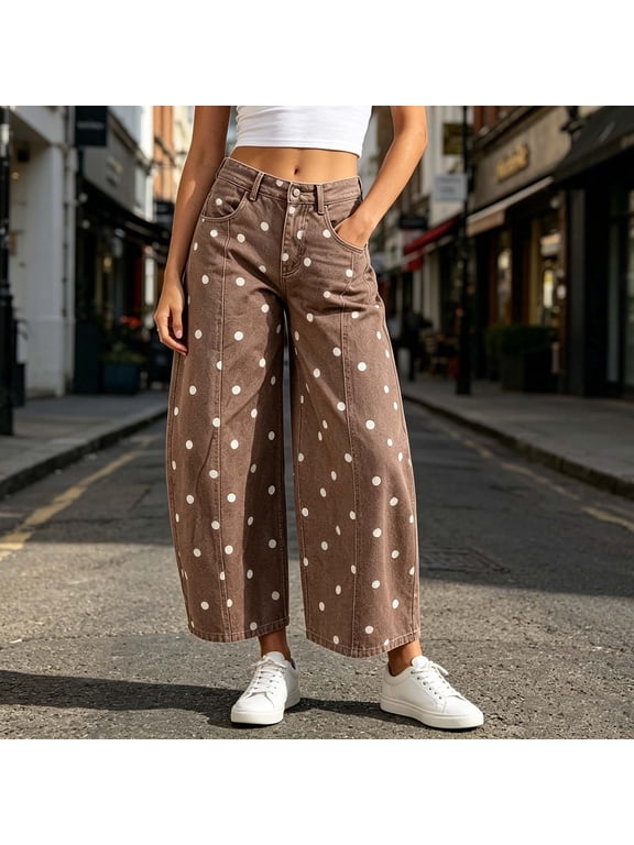 Polka Dot Pants Women Button Zip Barrel Pants Polka Dots Denim Cropped Pants with Pockets Fashion Work Clothes