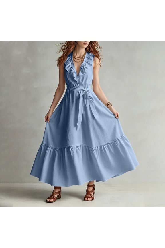 Prom Dresses for Women Plus Size Sleeveless Maxi Dresses Tunic Tie Ruffle Dress Elegant Wedding Guest Clothes