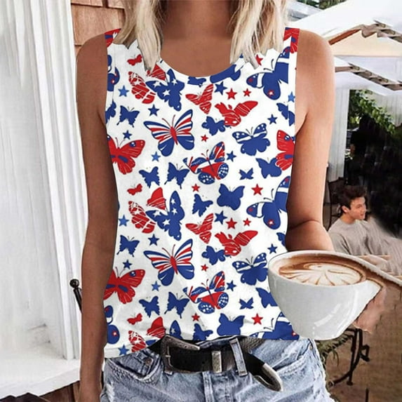 SOOMLON Red White and Blue Athletic Tank Tops for Women Butterfly Distressed Patriotic Shirts Crew Neck Usa Flag Tops Sleeveless Flowy T-Shirt Striped Stars Tee Blouse Clothes