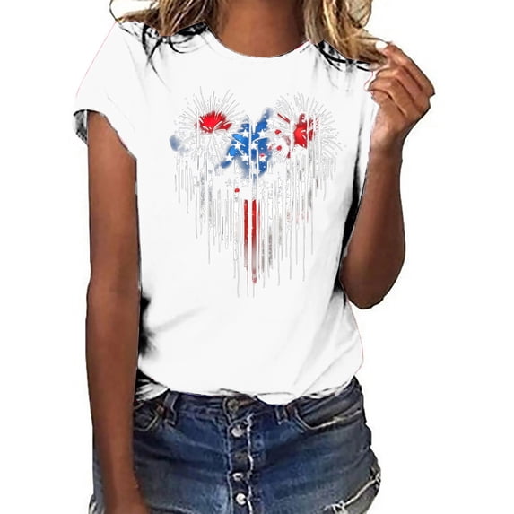 SOOMLON Red White and Blue Blouses for Women Heart Distressed Patriotic Shirts Crew Neck Usa Flag Tops Short Sleeve Trendy T-Shirt Slimming Tee Blouse Resort Wear