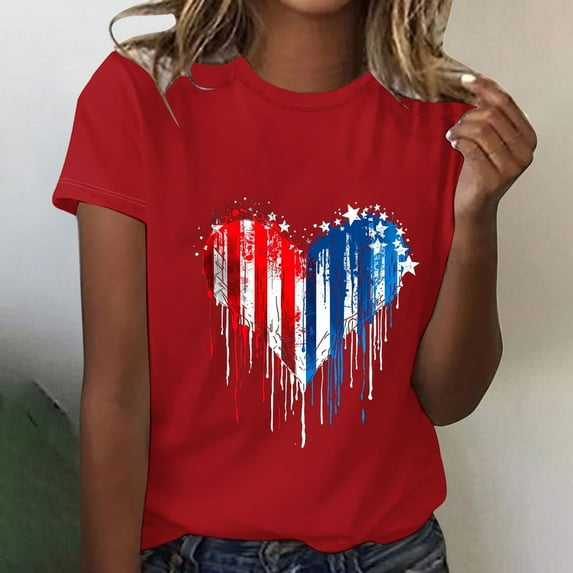 SOOMLON Red White and Blue Short Sleeve Tops for Women Heart Patriotic Shirts Crew Neck Usa Flag Tops Short Sleeve Funny T-Shirt Fitted Tee Blouse Outfits