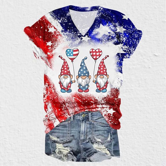 SOOMLON Red White and Blue Womens Short Sleeve Tops Gnomes Tie Dye Patriotic Shirts V Neck Usa Flag Tops Short Sleeve Loose Fit T-Shirt Going out Tee Blouse Resort Wear