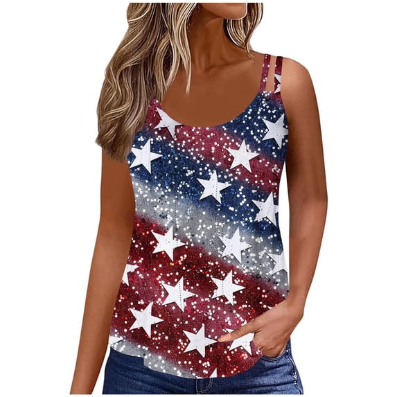 SOOMLON Red White and Blue Womens Workout Tank Tops Eyelet Spaghetti Strap Distressed Patriotic Shirts Crew Neck Usa Flag Tops Sleeveless Novelty T-Shirt Funny Tee Blouse Resort Wear