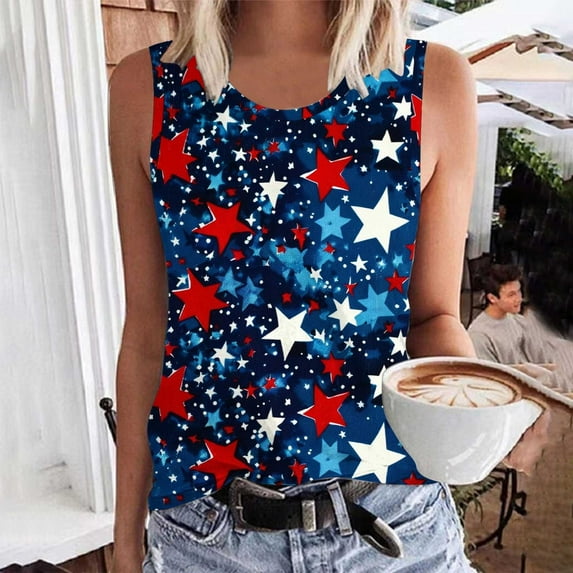SOOMLON Red White and Blue Workout Tanks for Women Distressed Patriotic Shirts Crew Neck Usa Flag Tops Sleeveless Baggy T-Shirt Business Tee Blouse Clothing