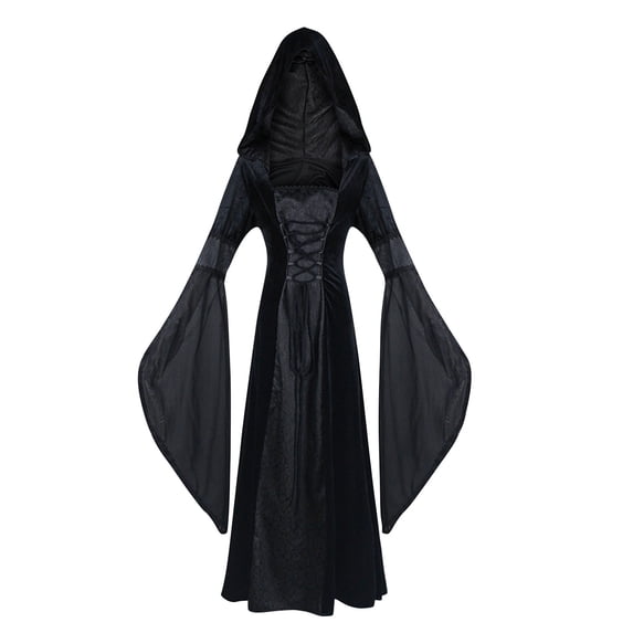 SOOMLON Renaissance Gothic Dress for Women Halloween Costume Medieval Steampunk Dresses Court Dress Long Sleeve Square Collar Dress Pagoda Sleeve Tether Waist Retro Dress Gray M