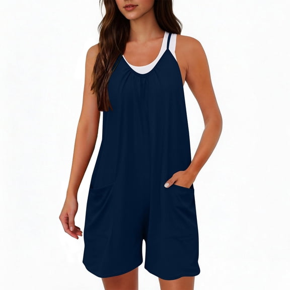 SOOMLON Rompers for Women Plus Size Spaghetti Strap Jumpsuits Black Overalls with Pockets Summer Vacation Beach Outfits