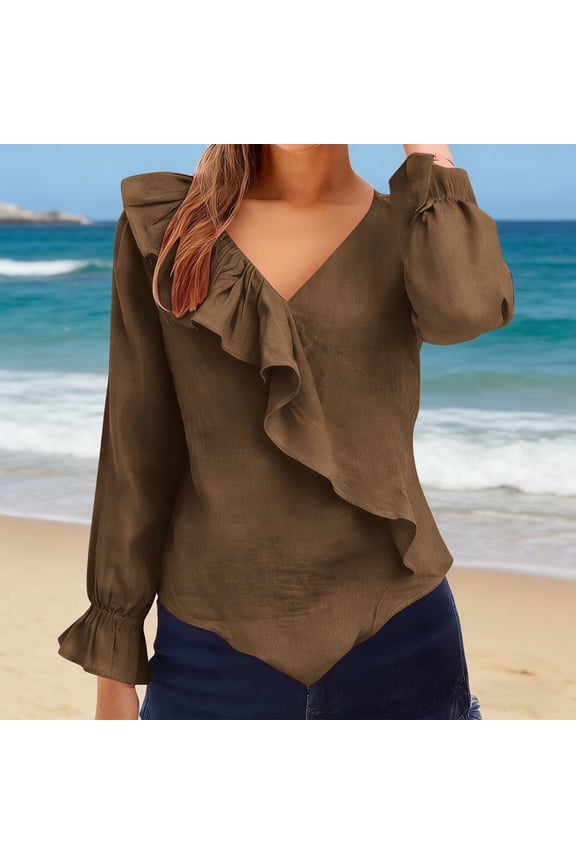 Ruffle Blouse Women Plus Size Long Sleeve Tailored V Neck Shirts Solid Linen Dressy Tops Summer Clothes