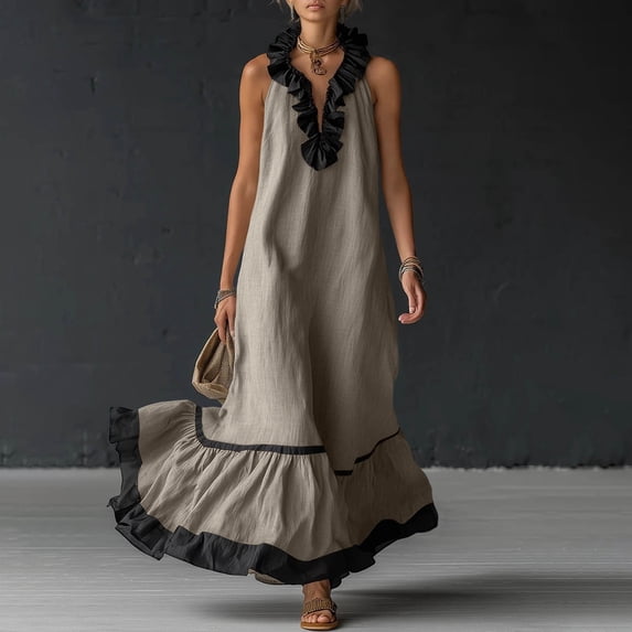 SOOMLON Ruffle Dresses for Women Plus Size V Neck Sleeveless Maxi Dresses Patchwork A Line Sundress Vacation Dresses