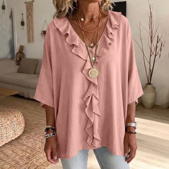 SOOMLON Ruffle Shirts for Women Plus Size V Neck 3/4 Sleeve Tunic Top Ruched Panel Blouses Loose Travel Vacation Clothes