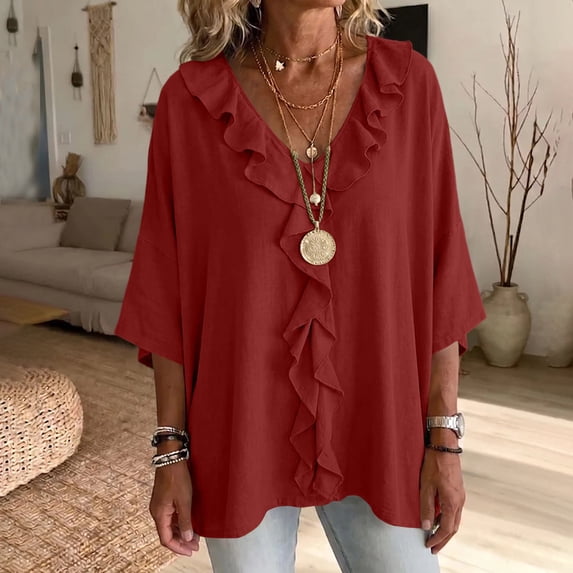 SOOMLON Ruffle Shirts for Women Plus Size V Neck 3/4 Sleeve Tunic Top Ruched Panel Blouses Loose Travel Vacation Clothes