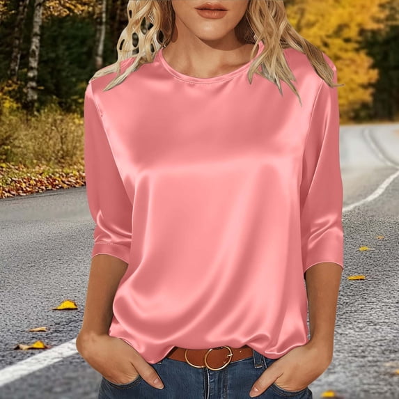 SOOMLON Satin Blouses for Women Dressy Plus Size Crew Neck 3/4 Sleeve Shirts Elegant Pullover Tops Work Vacation Clothes